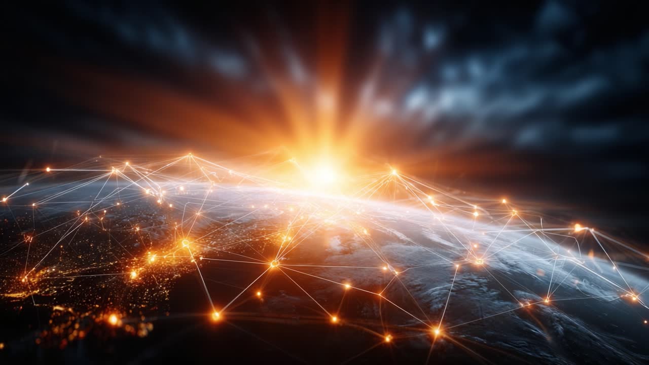 A Stunning Visualization of Earth's Connectivity Illuminated by a Vibrant Sunrise, Showcasing Networked Lights Against a Dramatic Atmospheric Ocean View