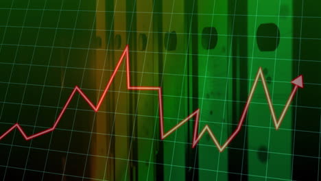 animation of red line graph fluctuating over green grid background