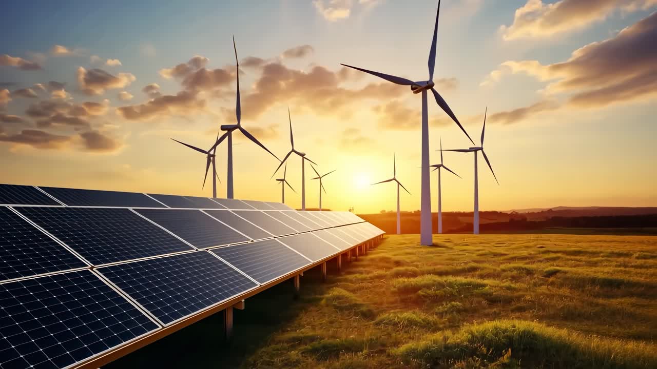 Uma filmagem aérea captura painéis solares e turbinas eólicas ao pôr do sol, destacando a energia renovável