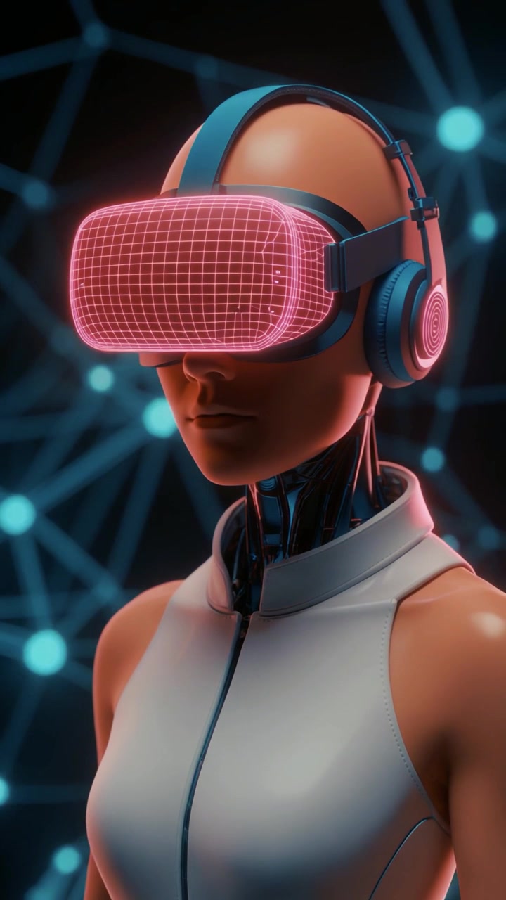 Futuristic Android Wearing VR Headset and Headphones in Digital Space