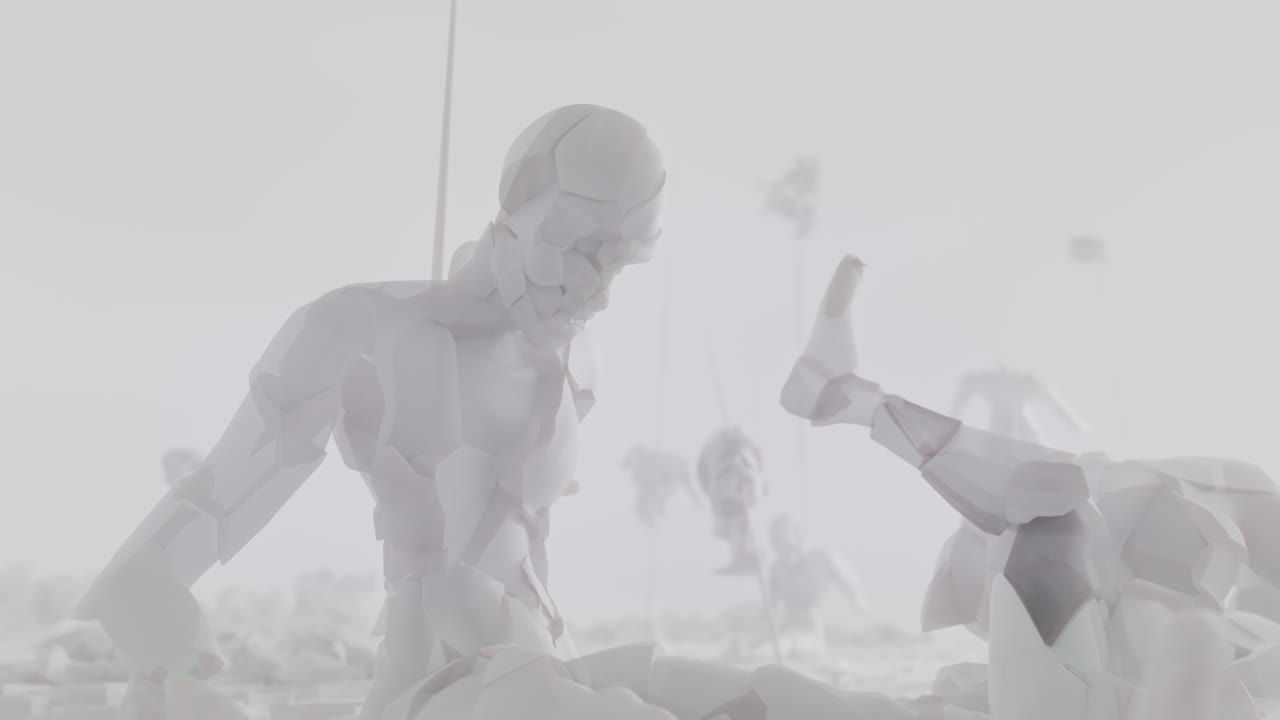 Destroyed android shells on spikes on a foggy junkyard