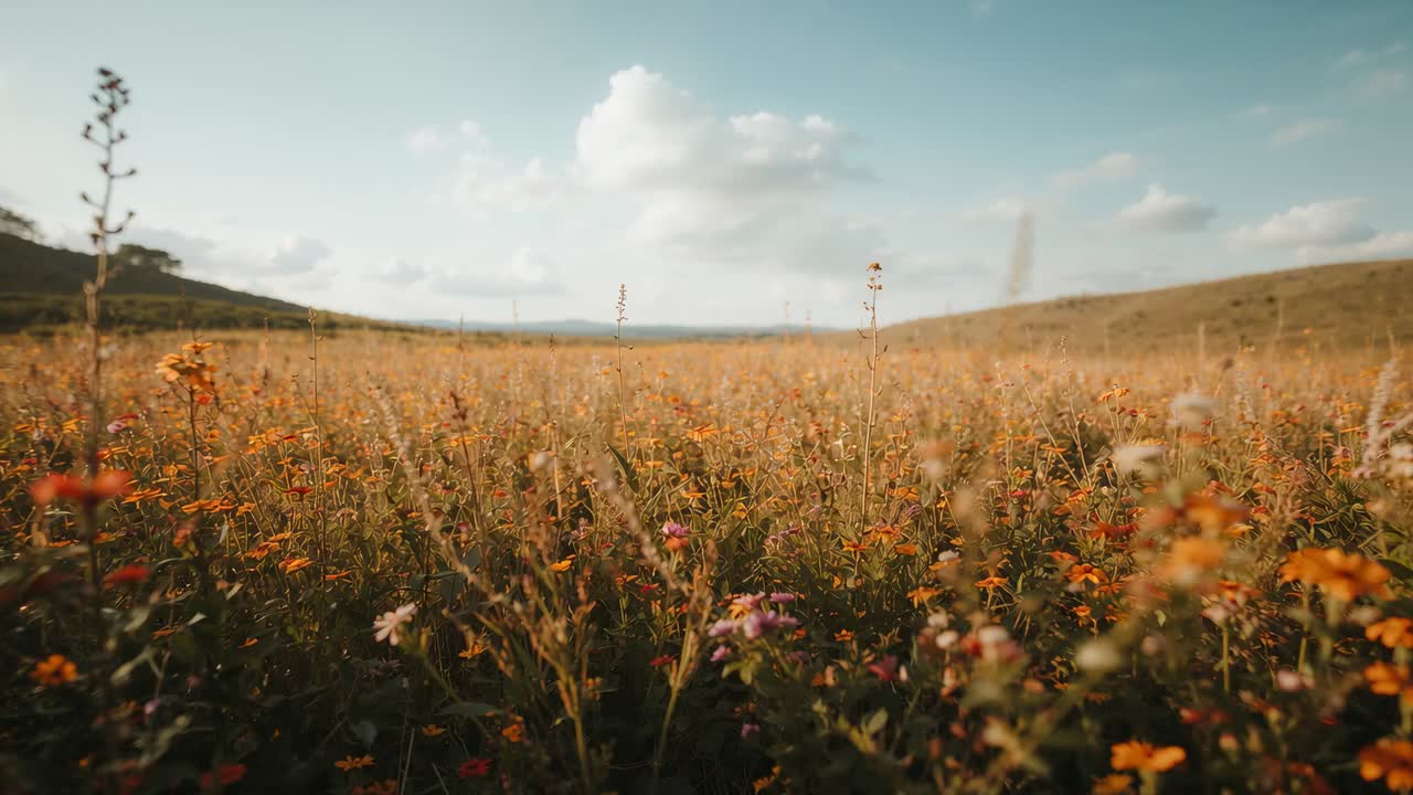 Starting low, low-angle camera moving forward through wildflower meadow, revealing orange blooms