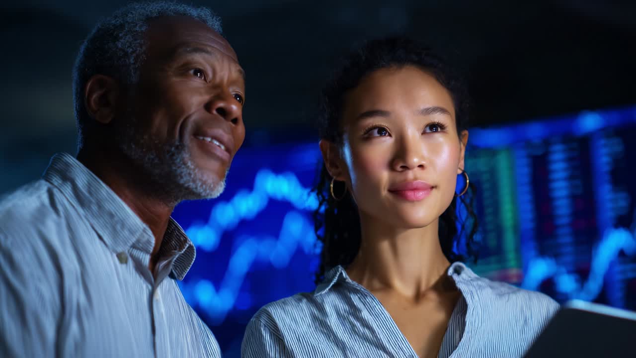 A Thought-Provoking Moment Between Two Professionals Analyzing Data on Digital Screens While Engaging in a Meaningful Conversation About Trends and Insights in Their Field