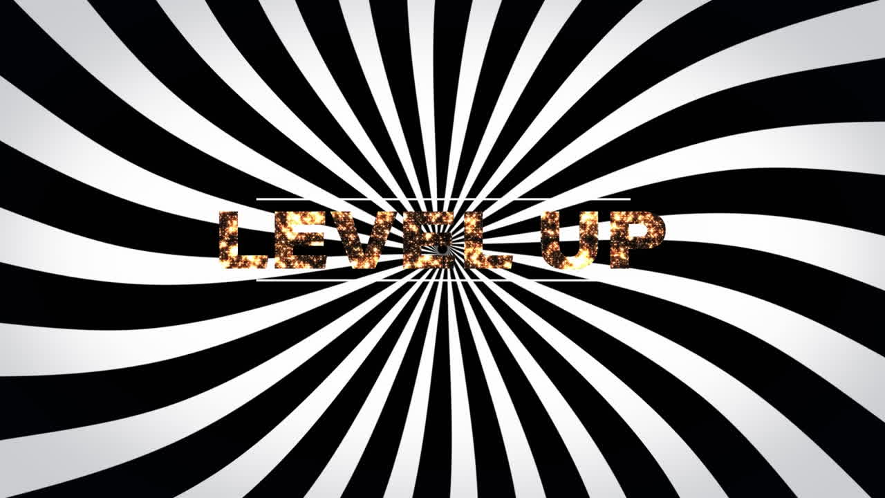 animación digital de texto de nivel superior contra un fondo radial en blanco y negro