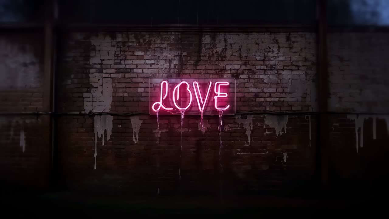Pohyb kamery se přibližuje a naklání doprava na vlhkou cihlovou zeď, odhalující růžové neonové kapky slova LOVE