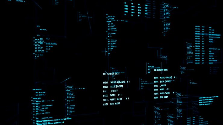 Futuristische interface met lopende code in een virtuele ruimte.