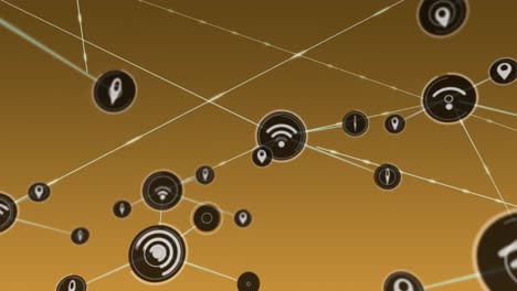 Animation-of-network-of-connections-with-icons-over-brown-background