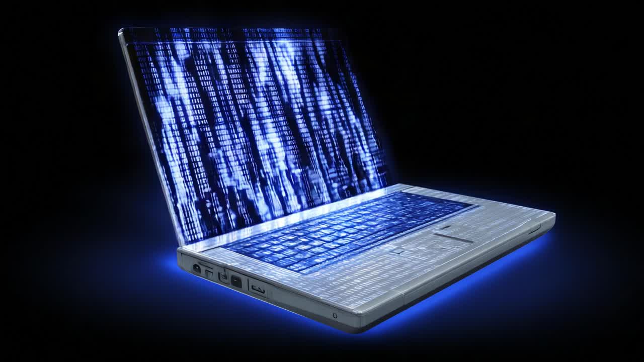 Illuminated Laptop Displaying Cyber Data Streams in Glowing Blue and Black Atmosphere, Perfect for Tech Enthusiasts and Digital Artwork Representations