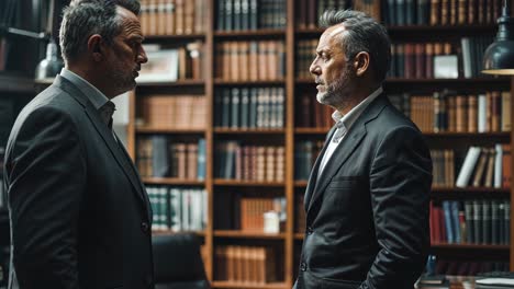 two men in suits discussing business in a library