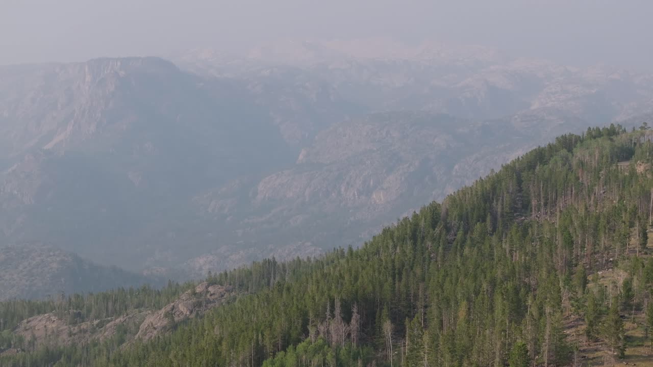 vista panorámica de la cordillera del río viento con un vasto bosque y distantes montañas escarpadas en el fondo