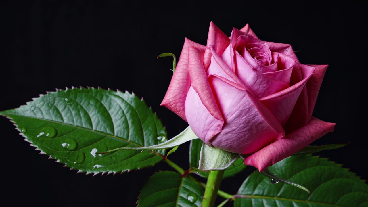 Close-up video style of a pink rose with dewdrops on leaves, captured from a side angle