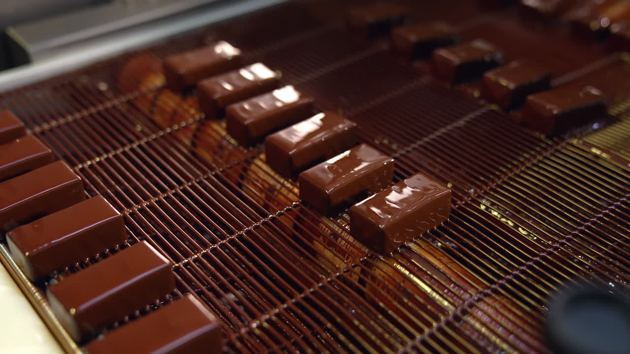 Tasty sweets are moving along conveyor to get rid of chocolate surplus. Freshly-covered sweets at the conveyor. Close up.