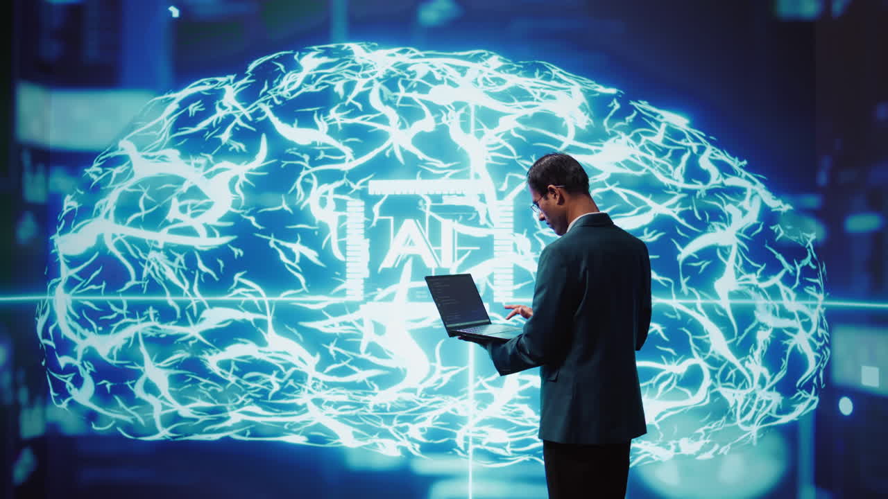 System administrator working on laptop, programming artificial intelligence