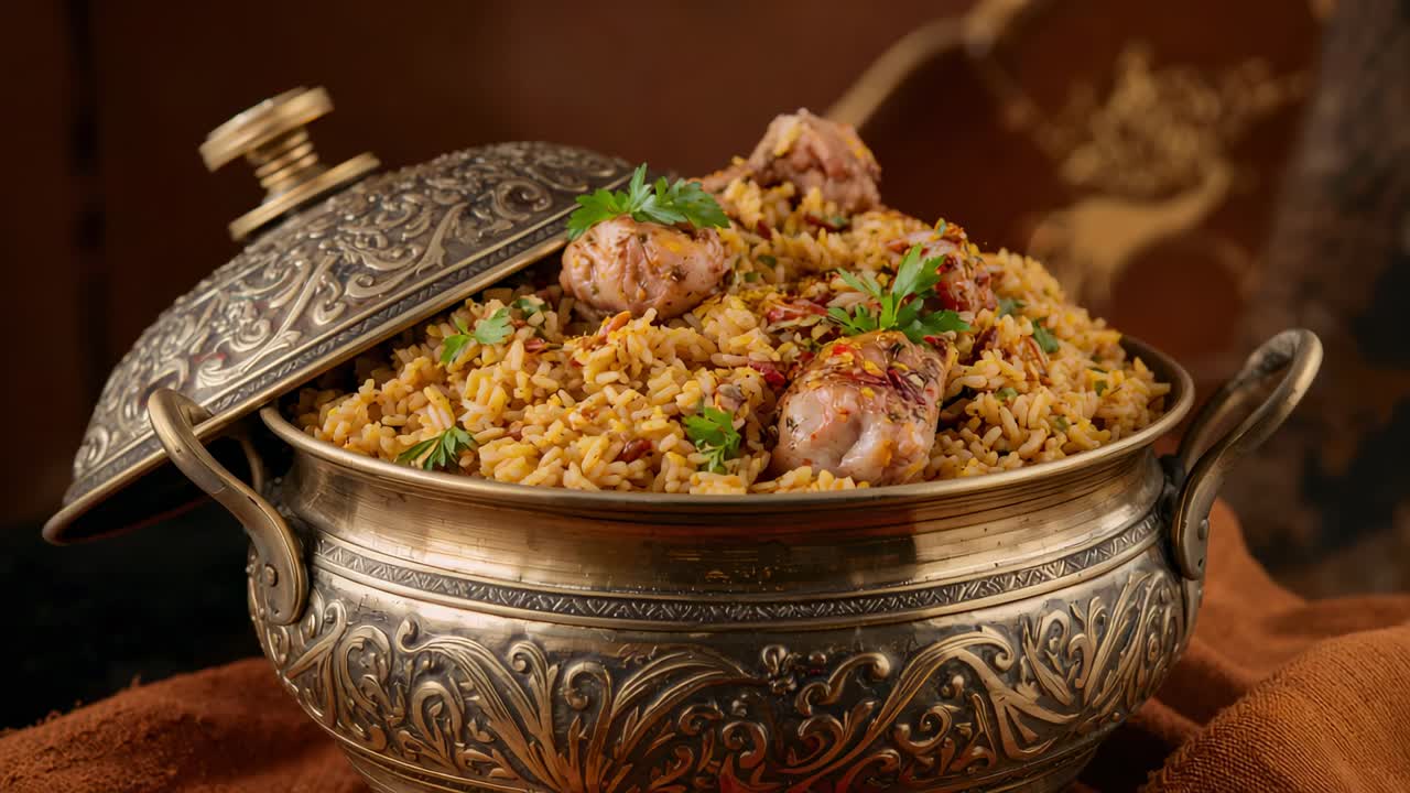 Acercando la cámara hacia un cuenco metálico ornamentado sobre un paño marrón, revelando arroz con pollo humeante
