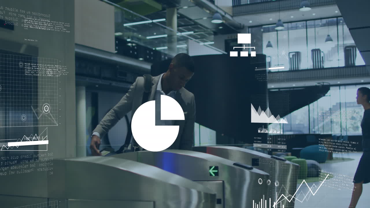 Animation of statistics and financial data processing over businessman in office