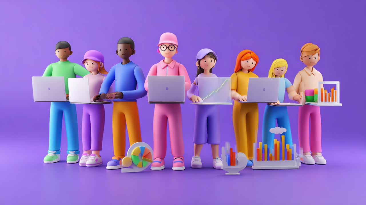 A Colorful Array of Diverse People Engaged in Collaborative Digital Work, Each Utilizing Laptops and Displaying Various Data Visualizations on a Purple Background