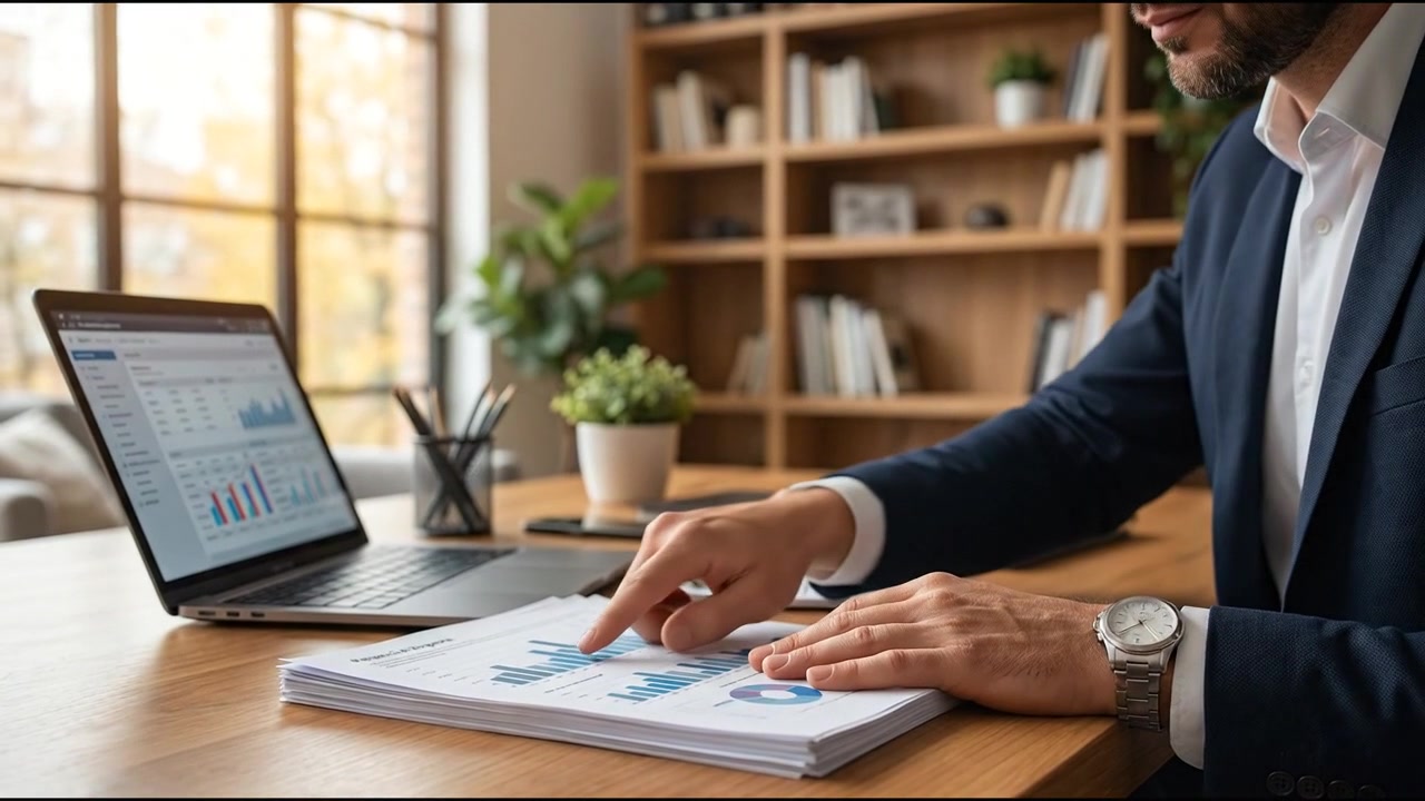 Uomo d'affari che analizza grafici e dati finanziari in un ufficio moderno