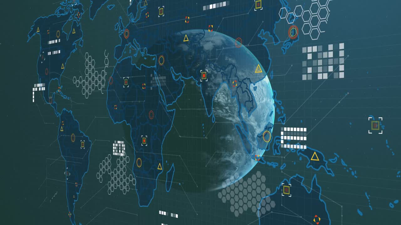 검은색 배경에 전 세계에 대한 연결 네트워크와 함께 세계 지도의 애니메이션
