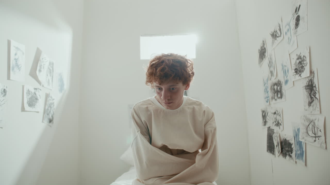 Disoriented Psychiatric Patient in Straitjacket Sitting on Bed in Asylum