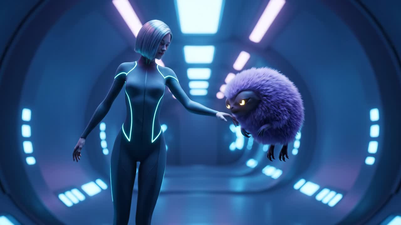 Sci-Fi Woman and Creature in Futuristic Setting