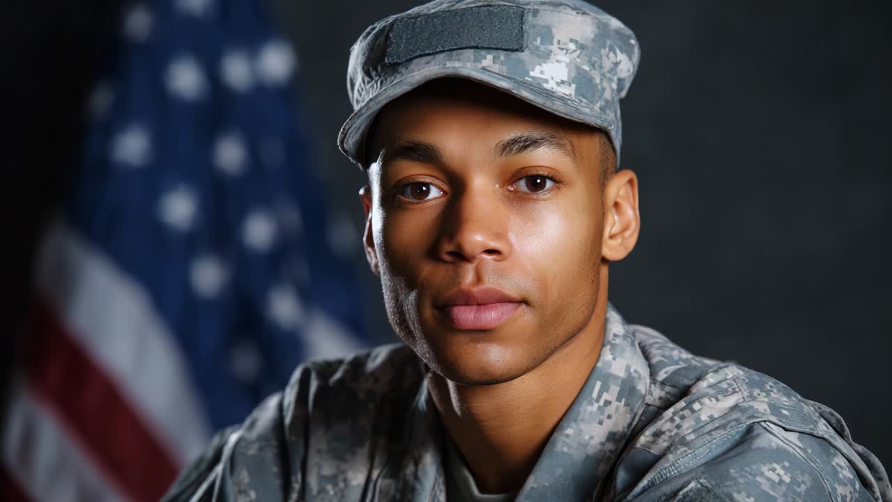 Portrait of a Confident Male Soldier in Camouflage Uniform, Proudly Displaying His Commitment and Dedication to Service in Front of a Flag Background, Embodying Strength and Courage