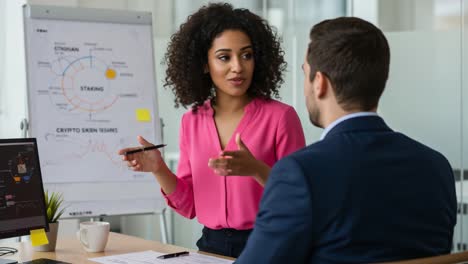 professional business meeting focused on strategic discussion and collaboration, showcasing engaging interaction between two colleagues in an office environment