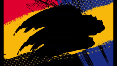 animation of black and yellow shapes on red and blue background