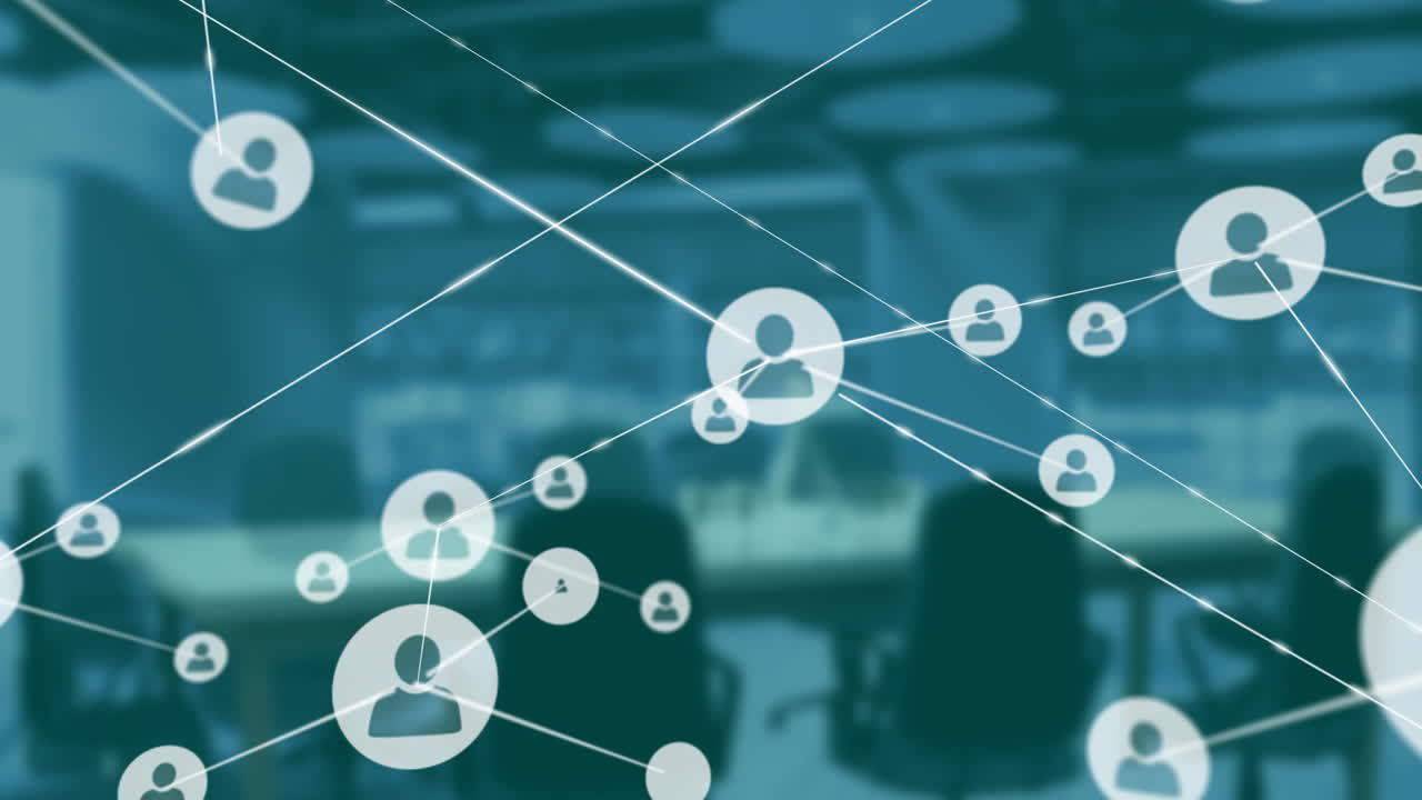 animación de la red de conexiones e íconos de usuario en el fondo de la oficina