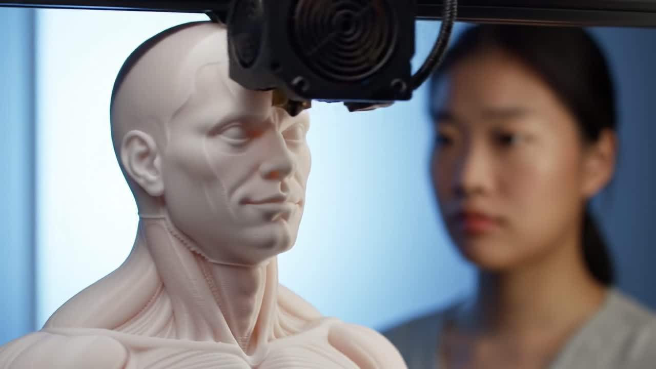 Exploring 3D Printing Technology: A Close-Up of an Anatomical Model Being Created with an Enthusiastic Observer in the Background