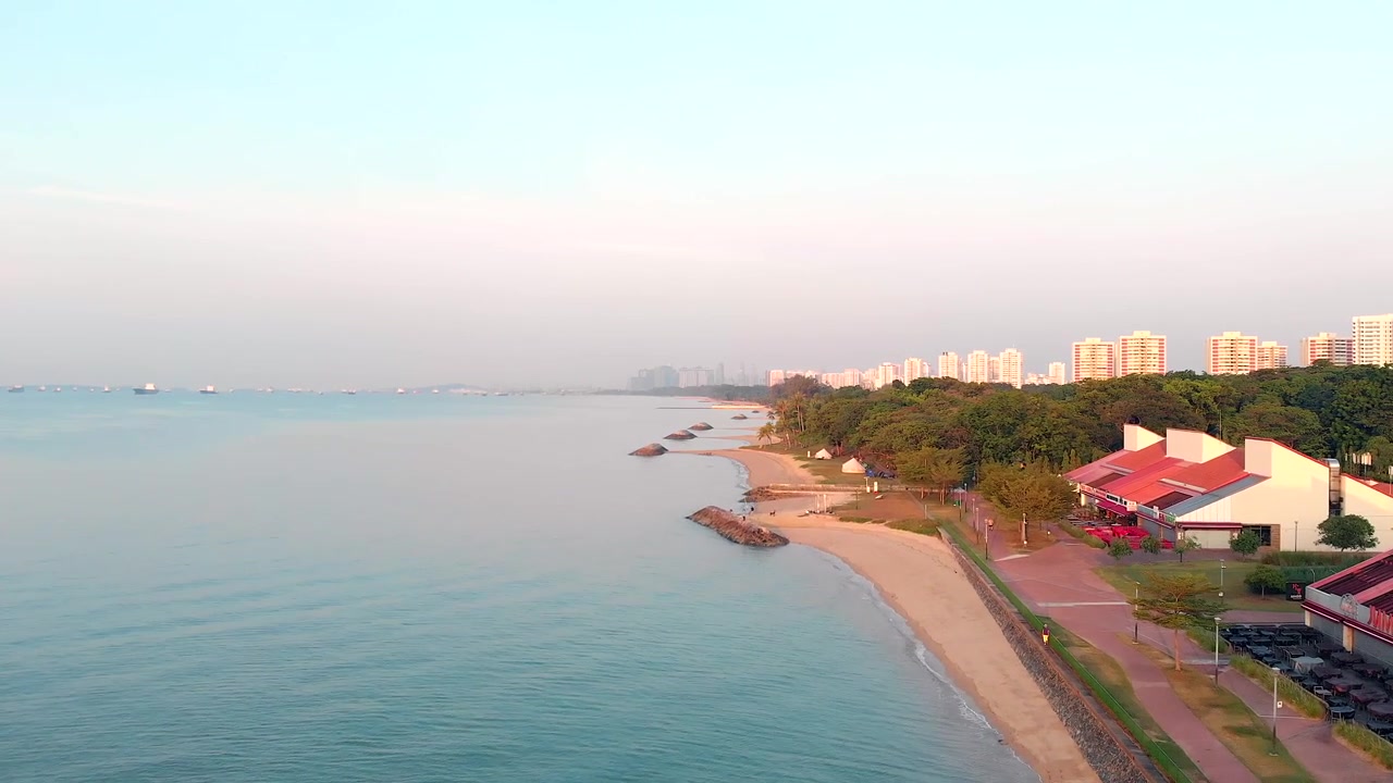 Ripresa con drone che avanza su una spiaggia all'alba.