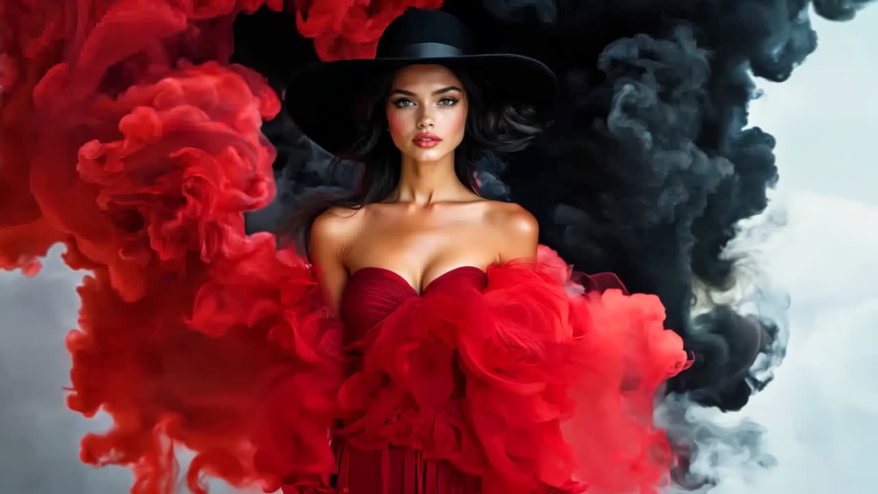 Una donna con un vestito rosso e un cappello nero, con del fumo che le esce dalla bocca
