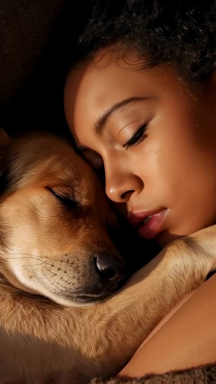 Video verticale: palpebre che si chiudono, donna che si sistema per riposare sul letto, stringendo un cane, manica marrone