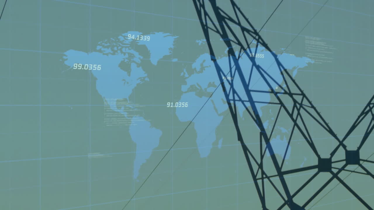 Data visualization showing blue world map on grid combining floating labels and black network graph