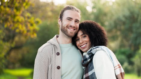 face, smile and interracial couple in nature