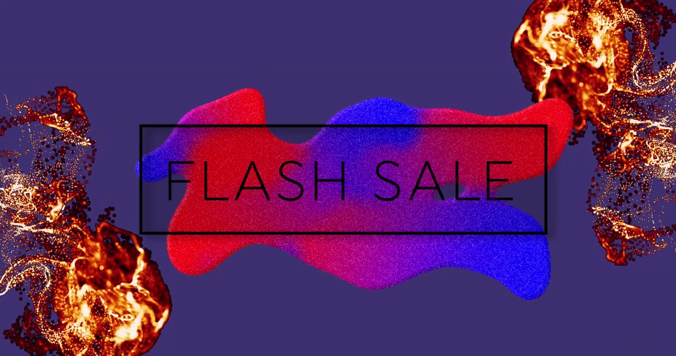 Animação de texto 'Promoção Relâmpago' sobre mancha colorida e ondas brilhantes