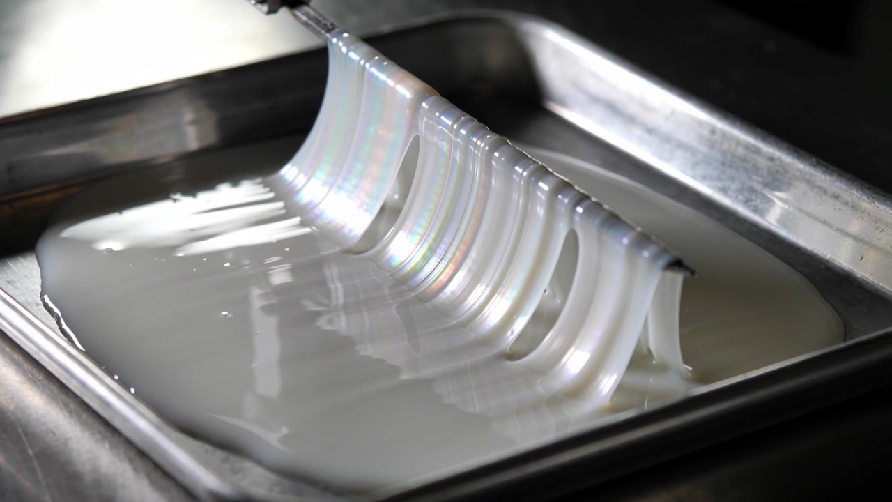 Dragging metal scraper after contact, pulling glossy white fluid across steel tray, forming arches