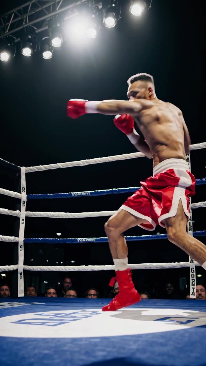 Pugile maschio muscoloso che fa shadow boxing in un ring illuminato