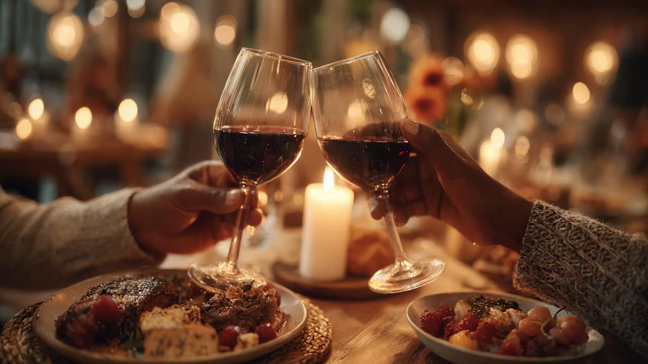 Una Cena Romantica a Lume di Candela: Brindisi con Vino Rosso in un Ambiente Intimo, Circondati da Piatti Deliziosi e la Soffusa Luce delle Candele per una Serata Elegante