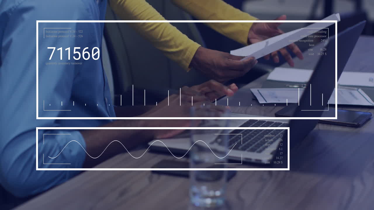 animación de análisis de datos de negocios sobre personas que trabajan con documentos y portátiles