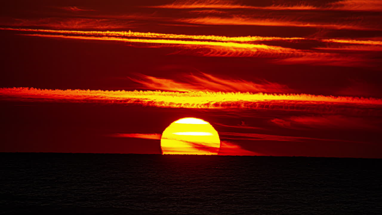 Time-lapse shot of sunrise from sea horizon causing whole sky turn orange.