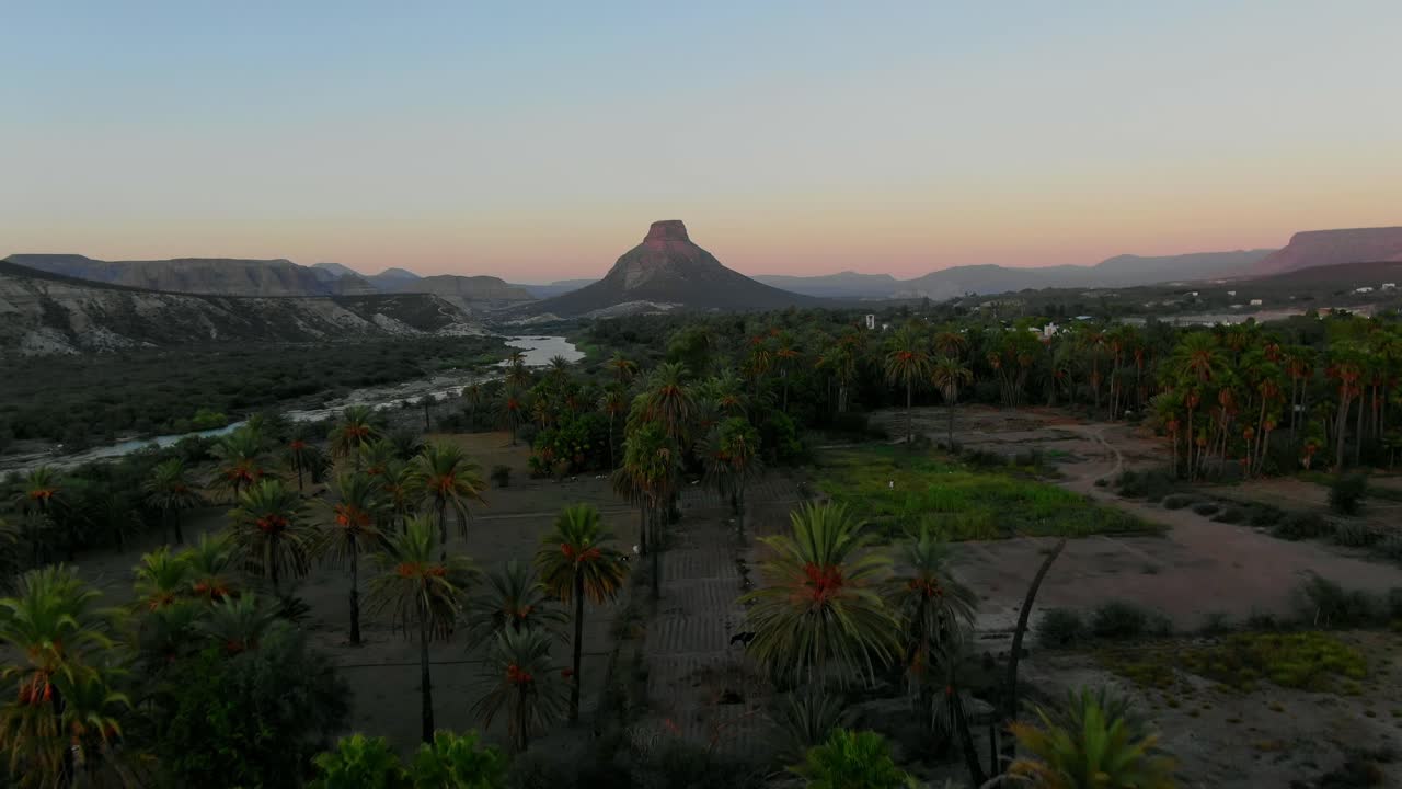 Vista aerea in avanzamento, vista panoramica della piantagione di palme, del fiume e della città di La Purisima, Bassa California del Sud, Messico, con le montagne El Pilón sullo sfondo durante il tramonto.