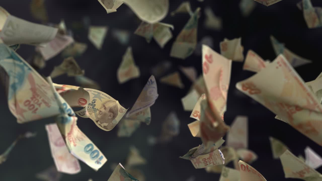 터키 리라 지폐가 떨어지는 4k 루프