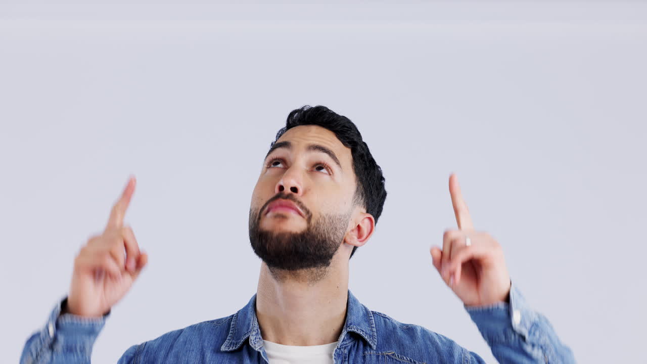 Man, pointing up and yes with promotion