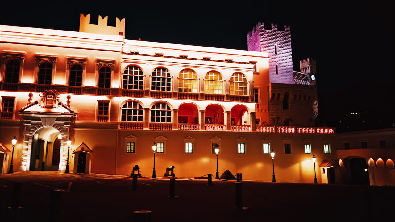 Monaco city, Monaco - December 21, 2024: The facade of the Prince's Palace of Monaco in the evening