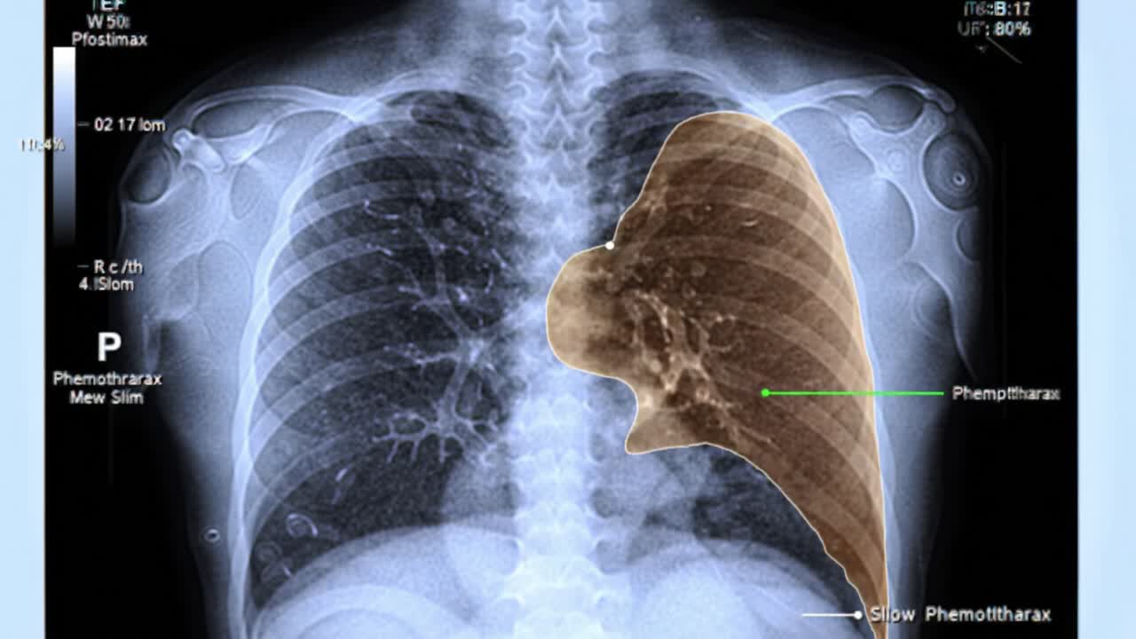 A detailed examination of a chest X-ray showing plethoric lung fields and the identification of pleuritic and pneumothorax conditions. Key observations for medical analysis are highlighted.
