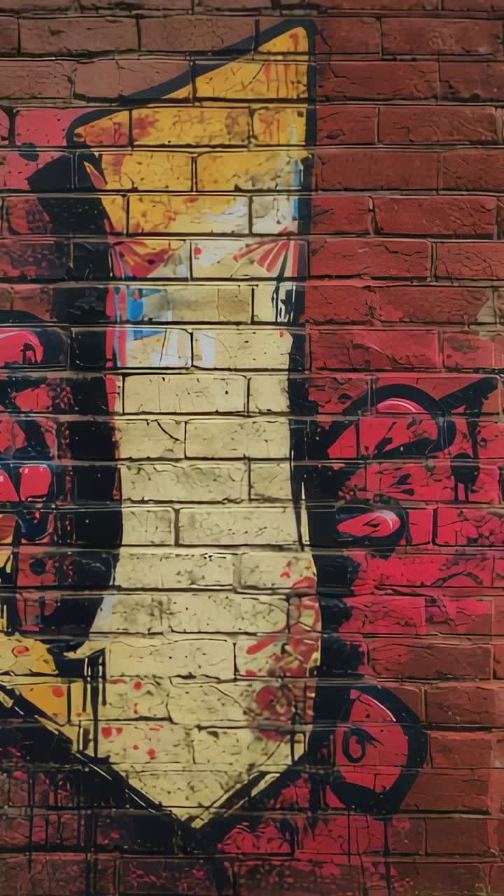 Vertical video: Panning camera showing graffiti arrow sliding left exposing red brick conduit hole
