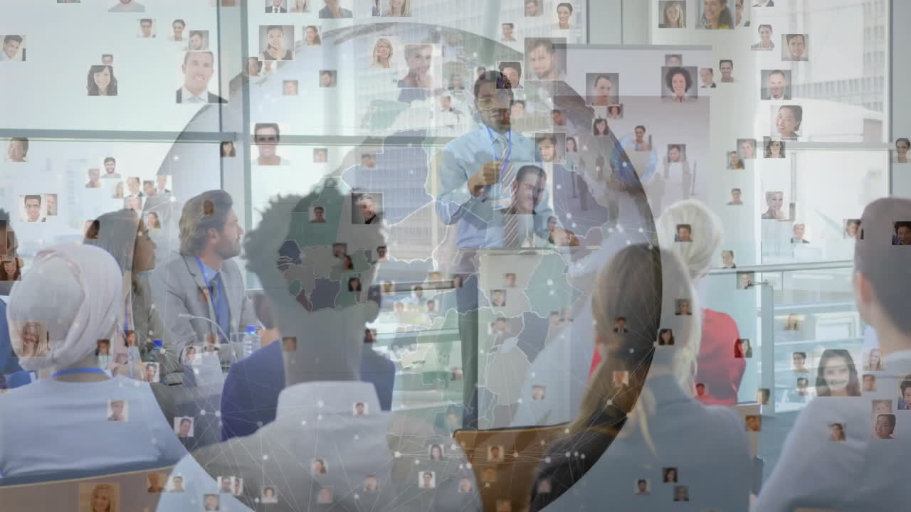 In school, diverse audience watching business presentation with global network animation