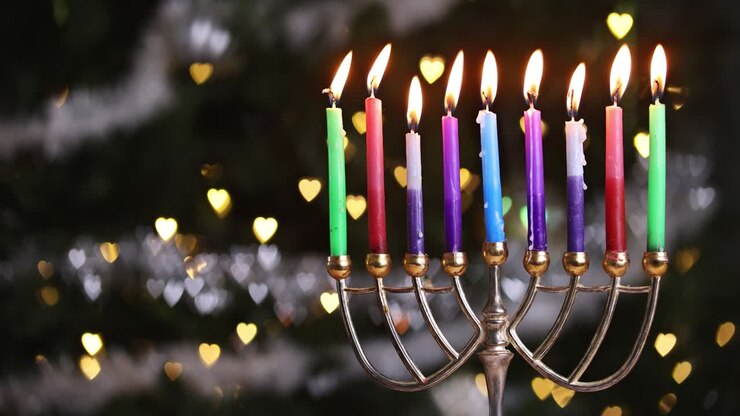 Jewish holiday Hanukkah with menorah traditional candelabra and Burning candles