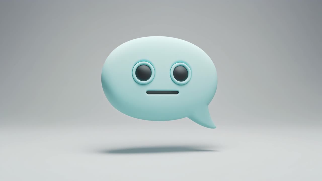 3D-animeret lyseblå taleboble-karakter med neutralt udtryk