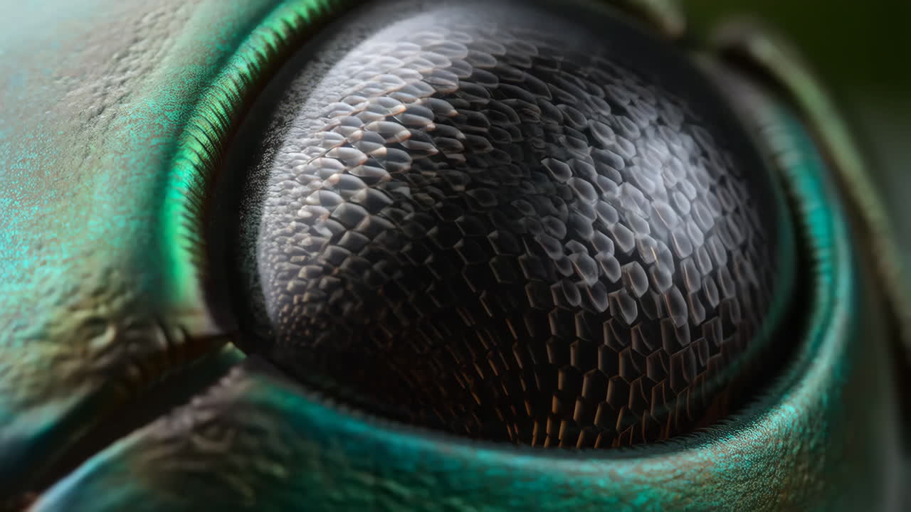 Macro Close-Up of an Iridescent Insect's Compound Eye